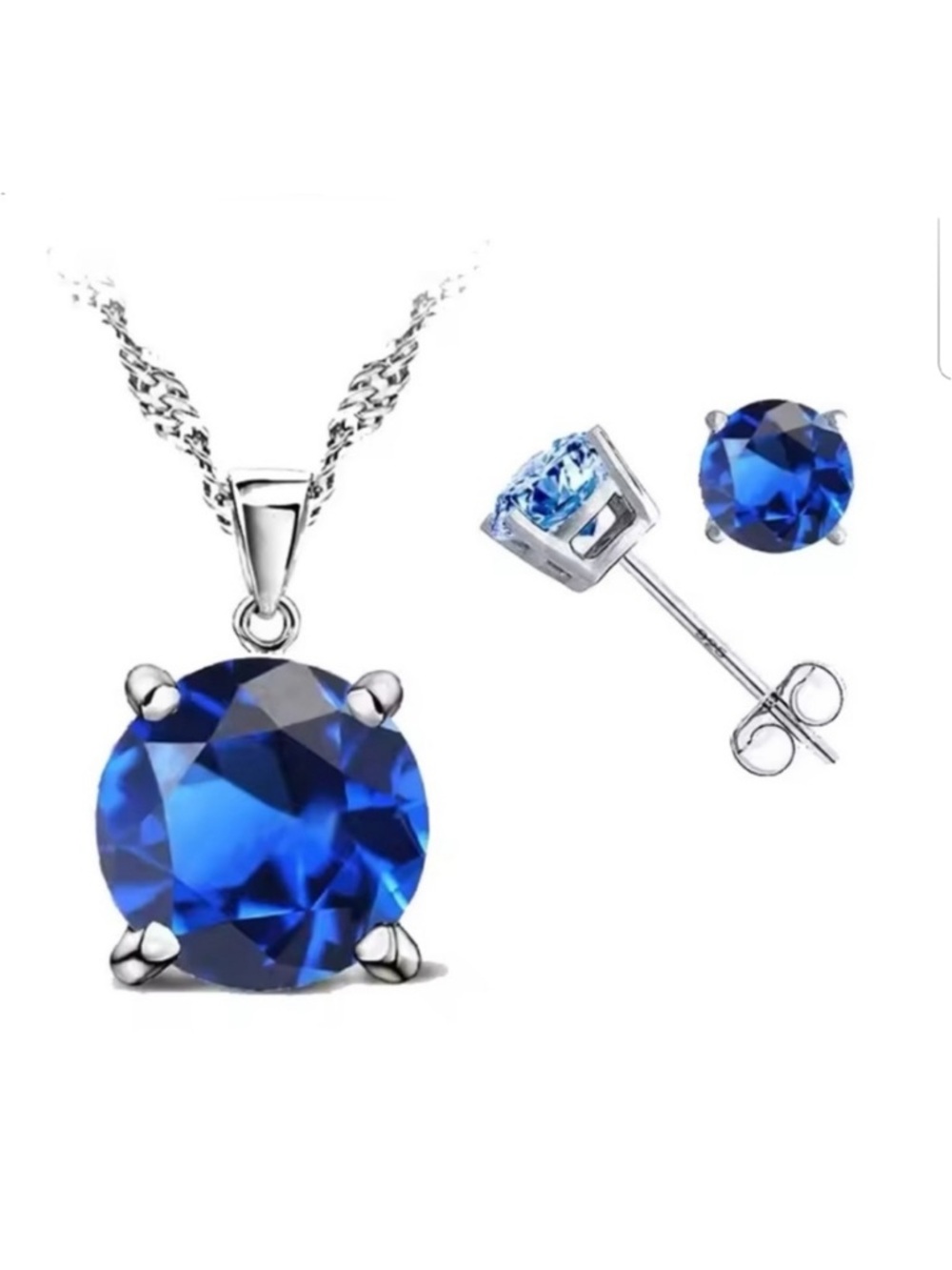 Swarovski Elements Sapphire Blue 925 Sterling Silver Solitaire Necklace & Studs